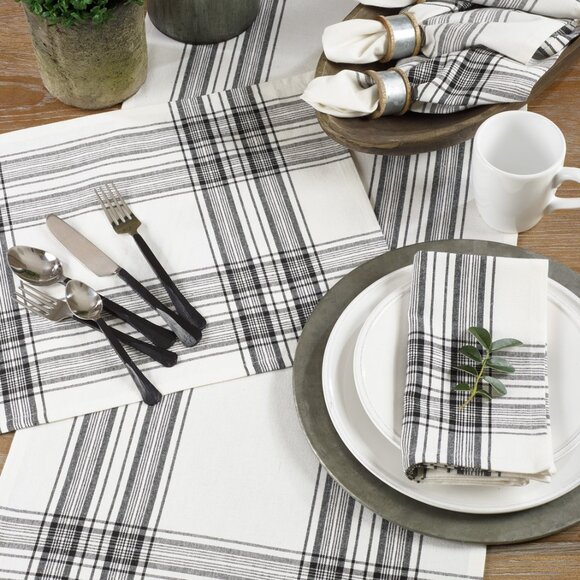 Farmhouse Black & Off White Plaid 16x72 in Runner & 4 pcs 20 in Cloth Napkins - Picture 1 of 5